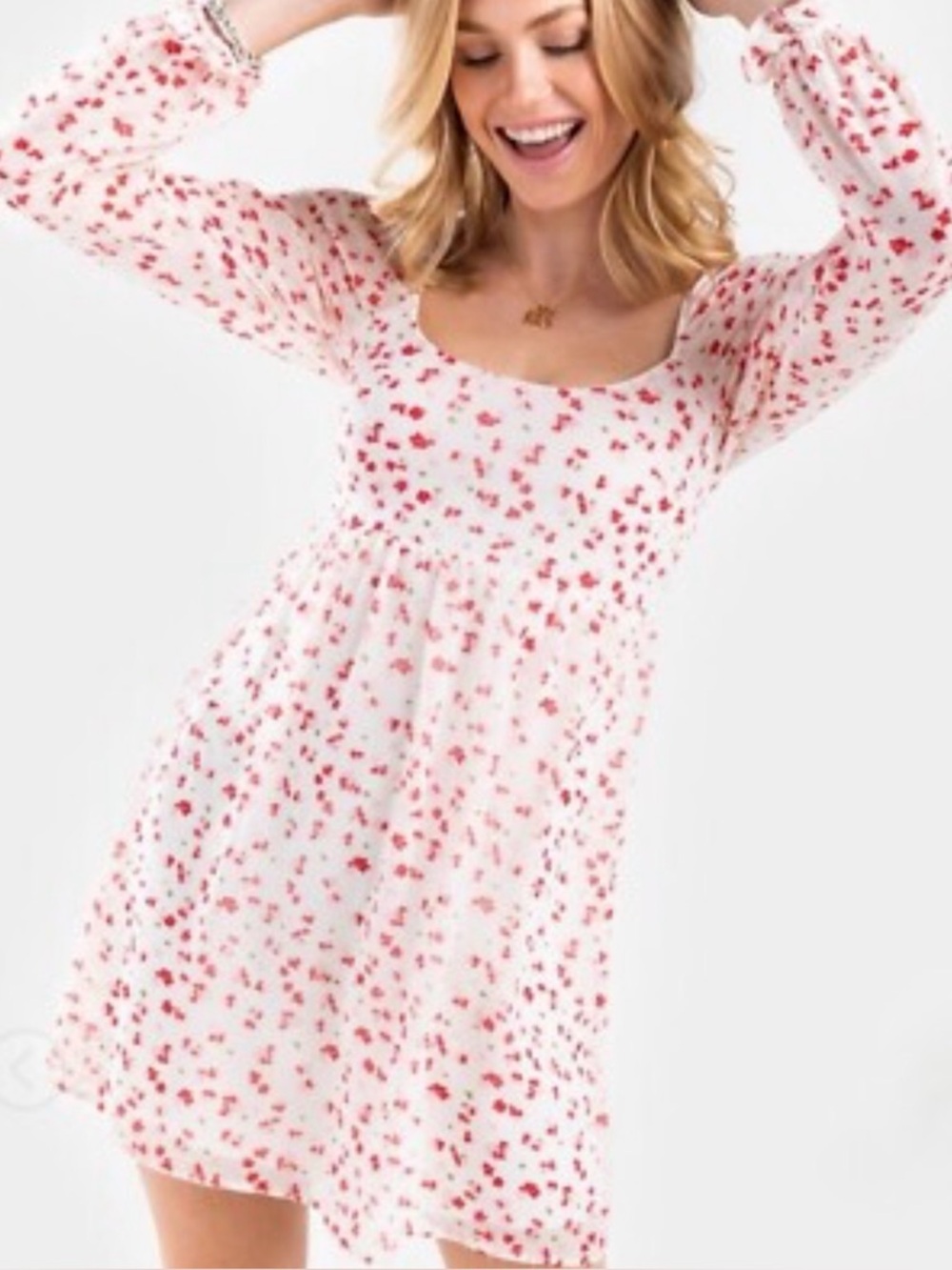 Mi Ami White & Pink Floral Long-Sleeve Babydoll Dress size medium